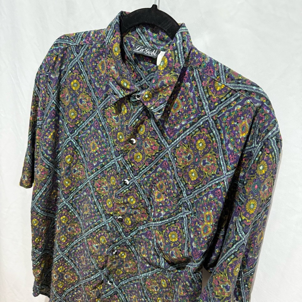 LaGebi Vintage Geometric Tapestry Print Button Up Shirt M Retro Festival Atrsy - Picture 4 of 11